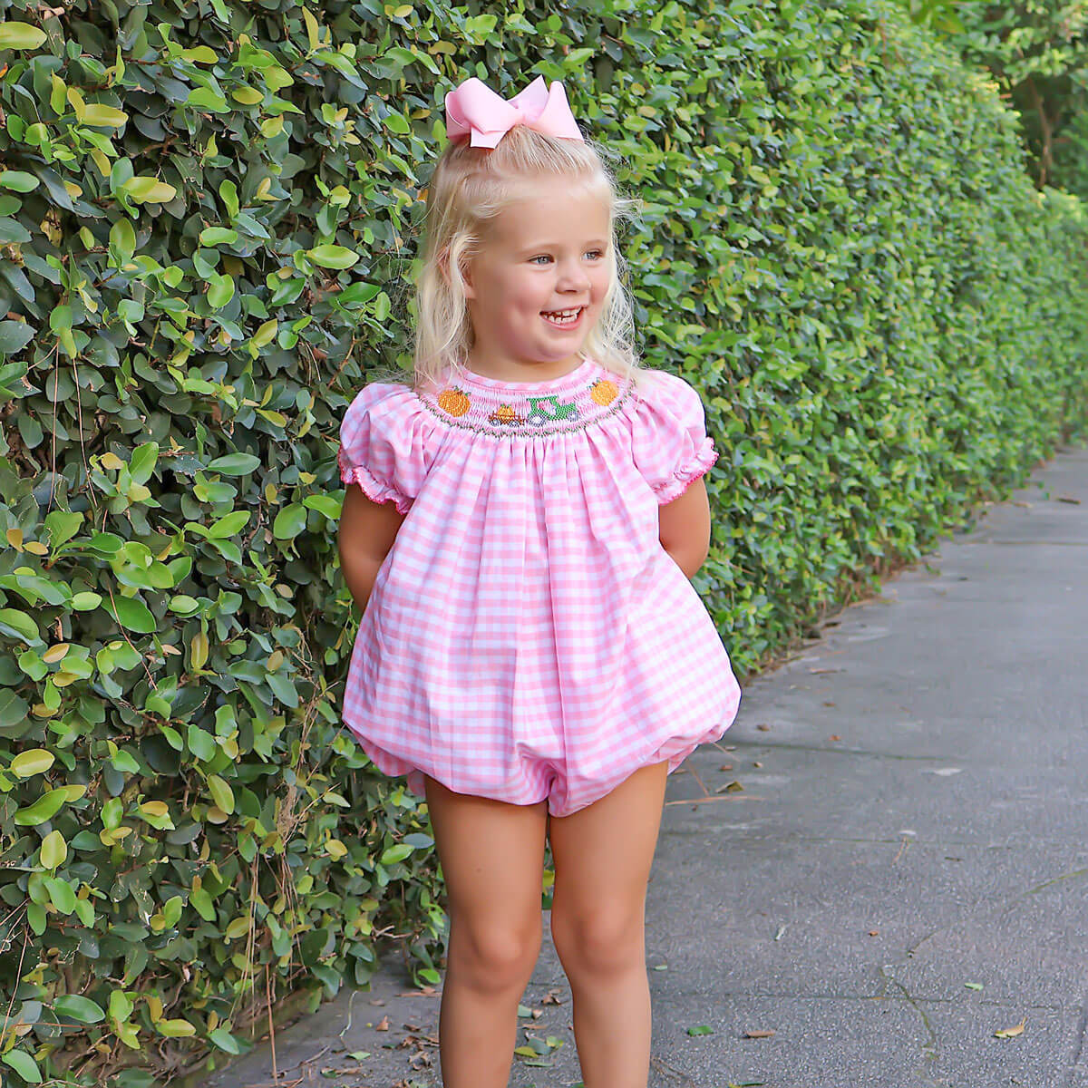 Pumpkin Hayride Pink Check Smocked Bishop Bubble