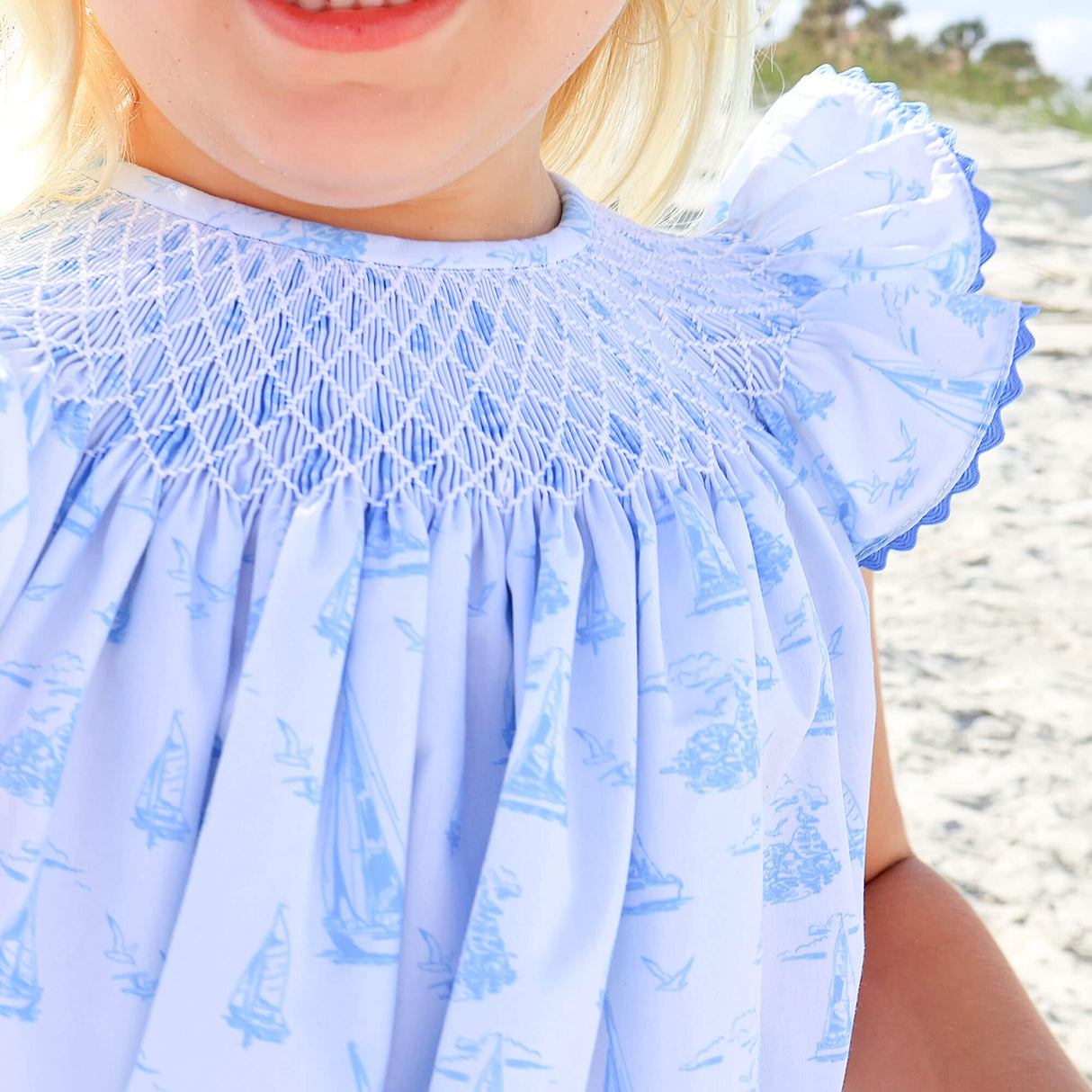 Nautical Blue Sailboat Smocked Angel Sleeve Dress