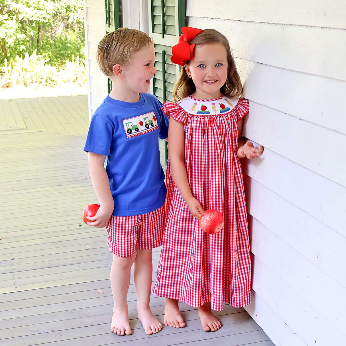 Bright School Year Smocked Red Gingham Angel Sleeve Dress