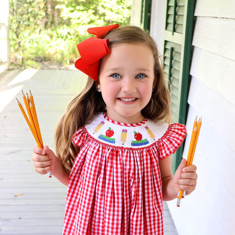 Bright School Year Smocked Red Gingham Angel Sleeve Dress