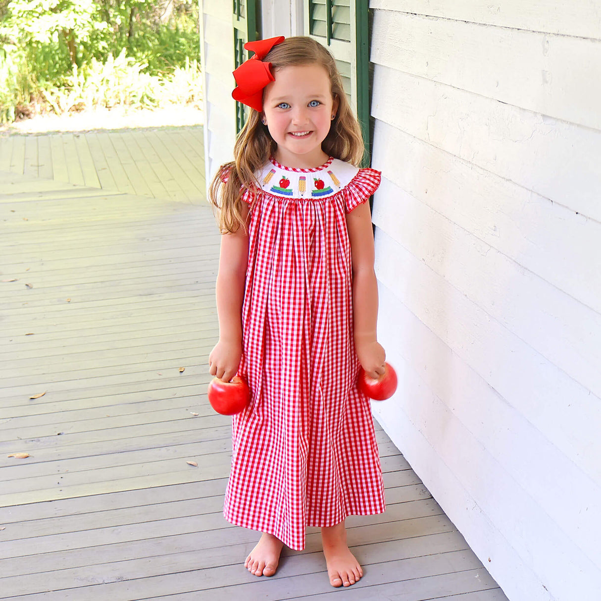 Bright School Year Smocked Red Gingham Angel Sleeve Dress