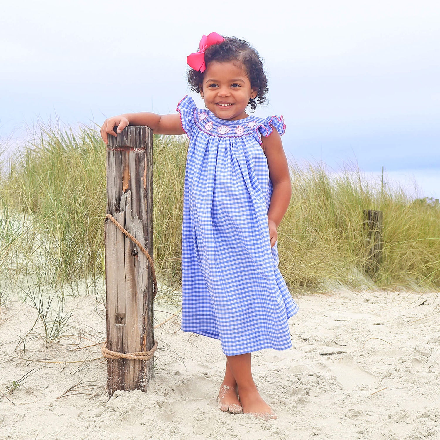 Seashells Smocked Blue Gingham Angel Sleeve Dress – Classic Whimsy