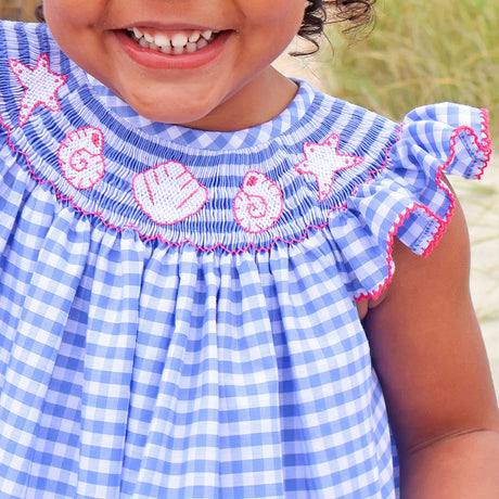 Seashells Paradise Smocked Blue Gingham Angel Sleeve Dress