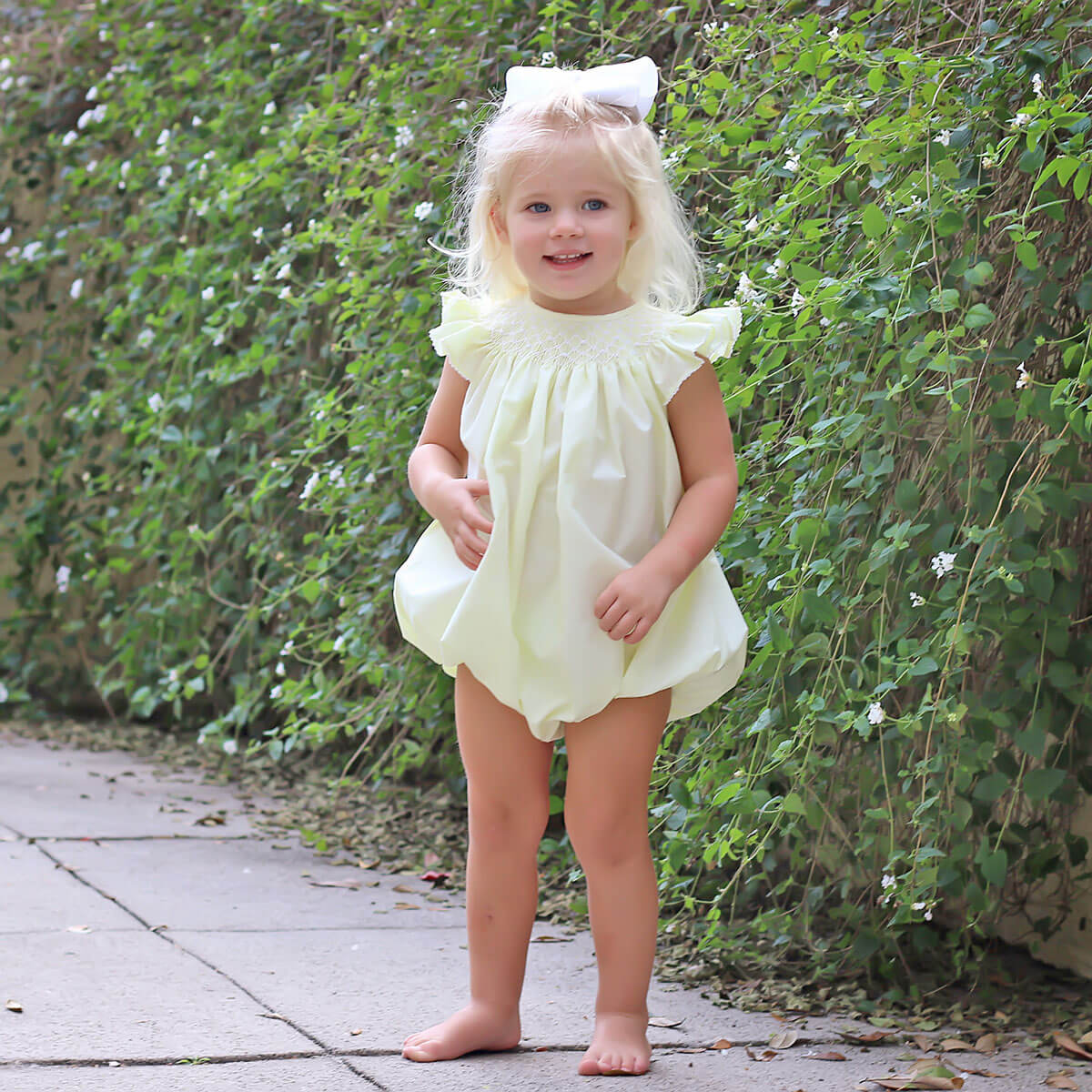 Shine Like A Pearl Yellow Smocked Bubble – Classic Whimsy