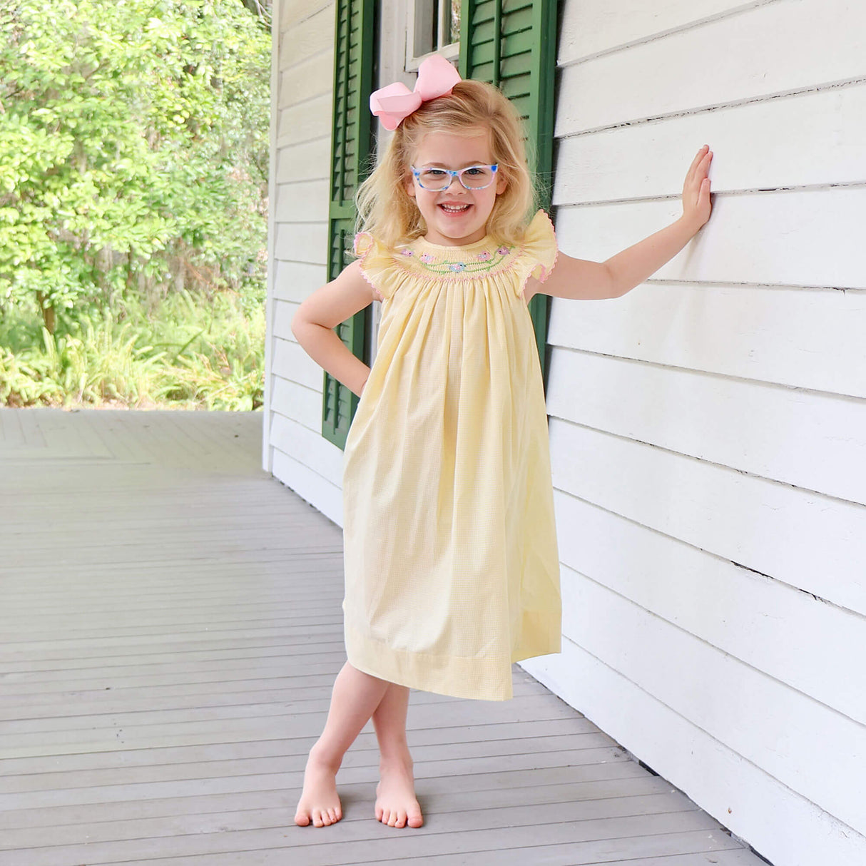Yellow Check Bird Smocked Dress