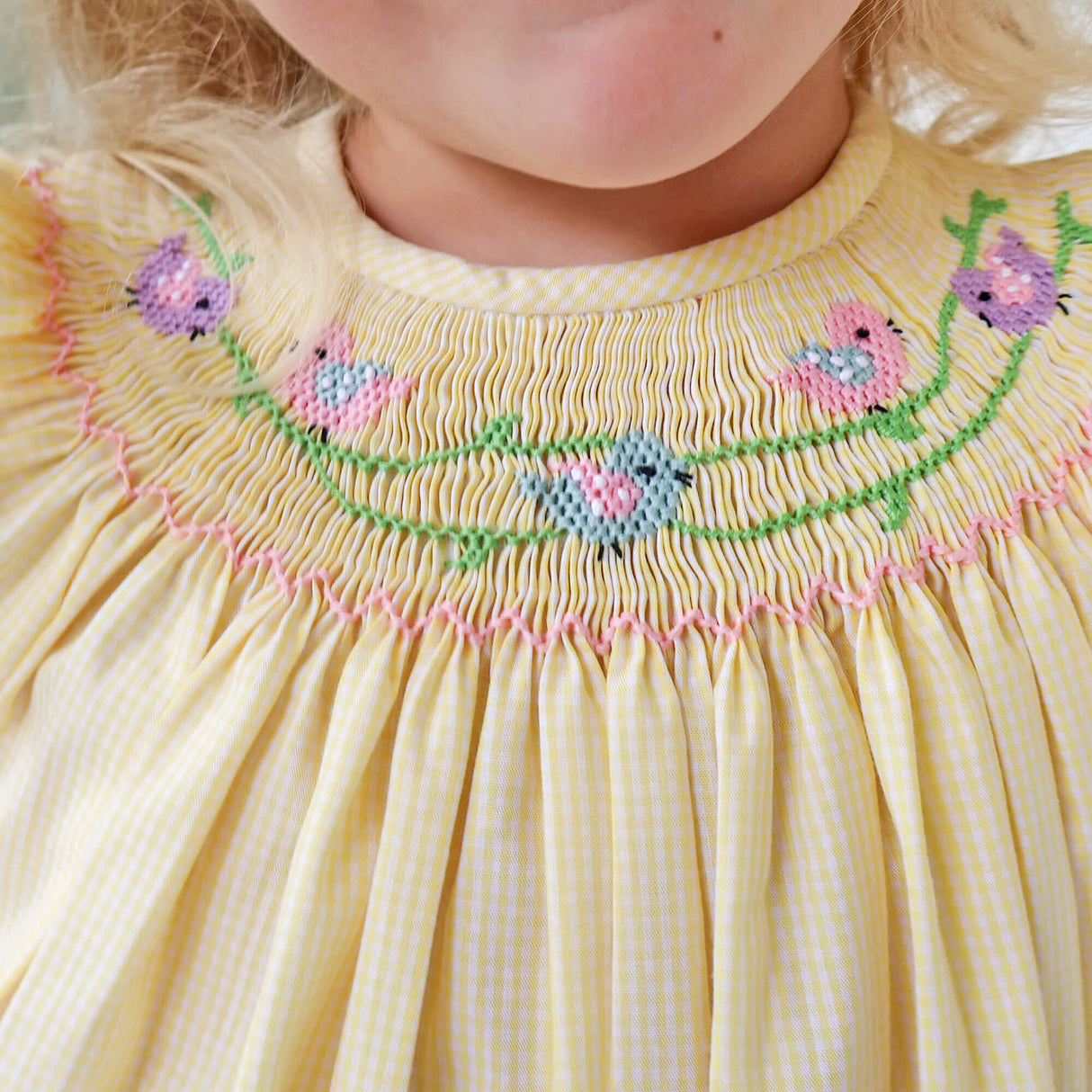 Yellow Check Bird Smocked Dress