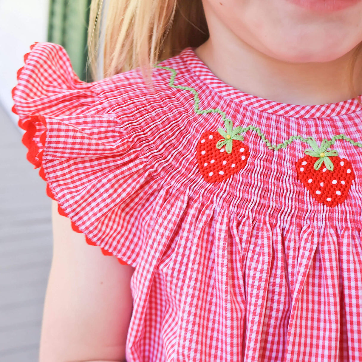 Strawberry Smocked Red Gingham Angel Sleeve Dress