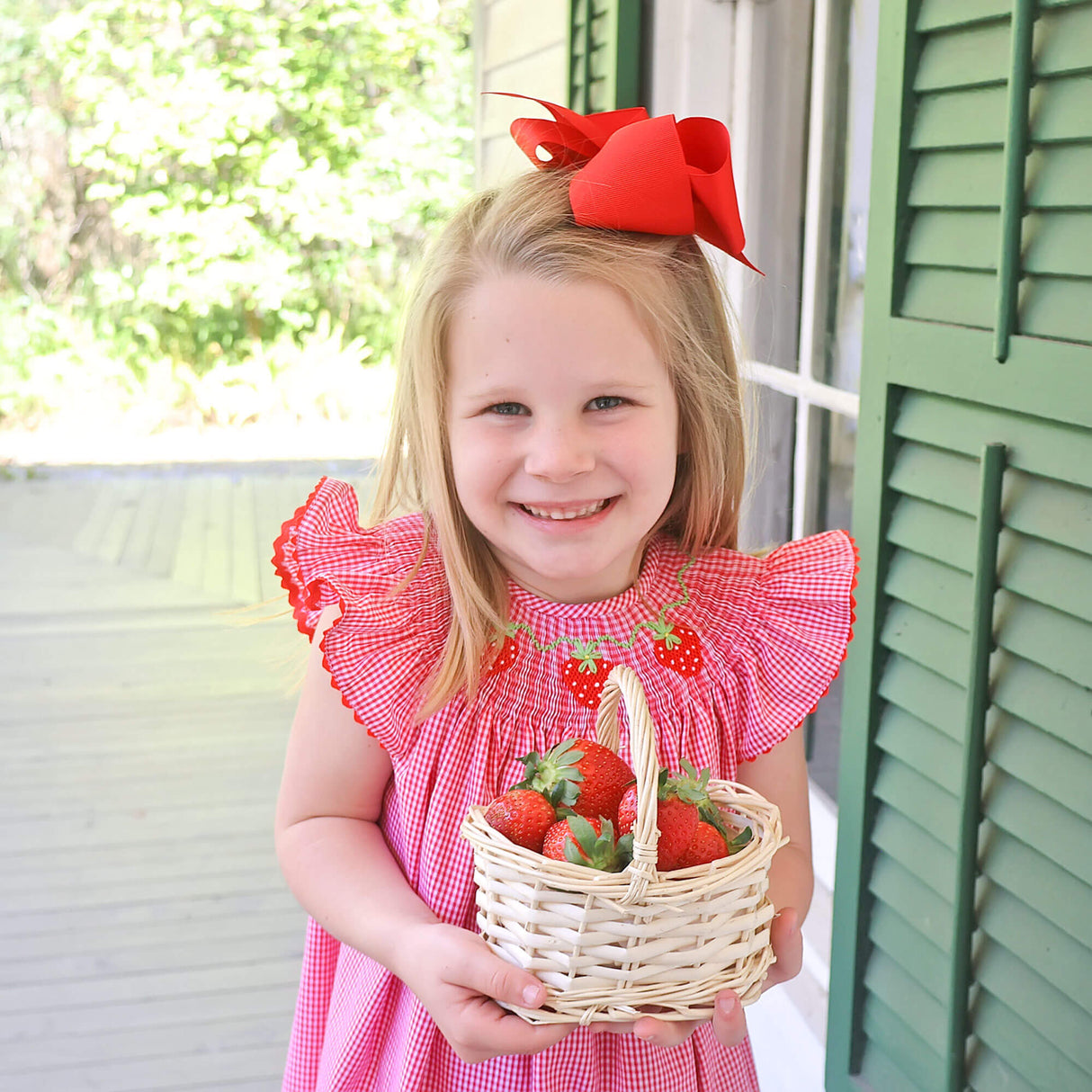 Strawberry Smocked Red Gingham Angel Sleeve Dress