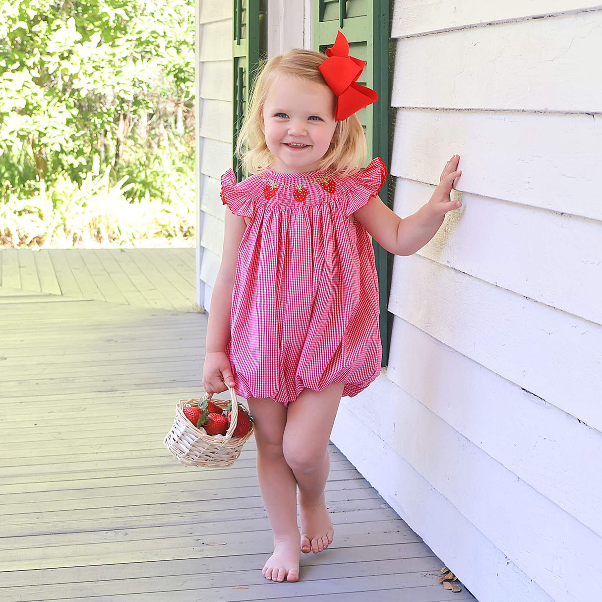 Strawberry Smocked Red Gingham Angel Sleeve Bubble