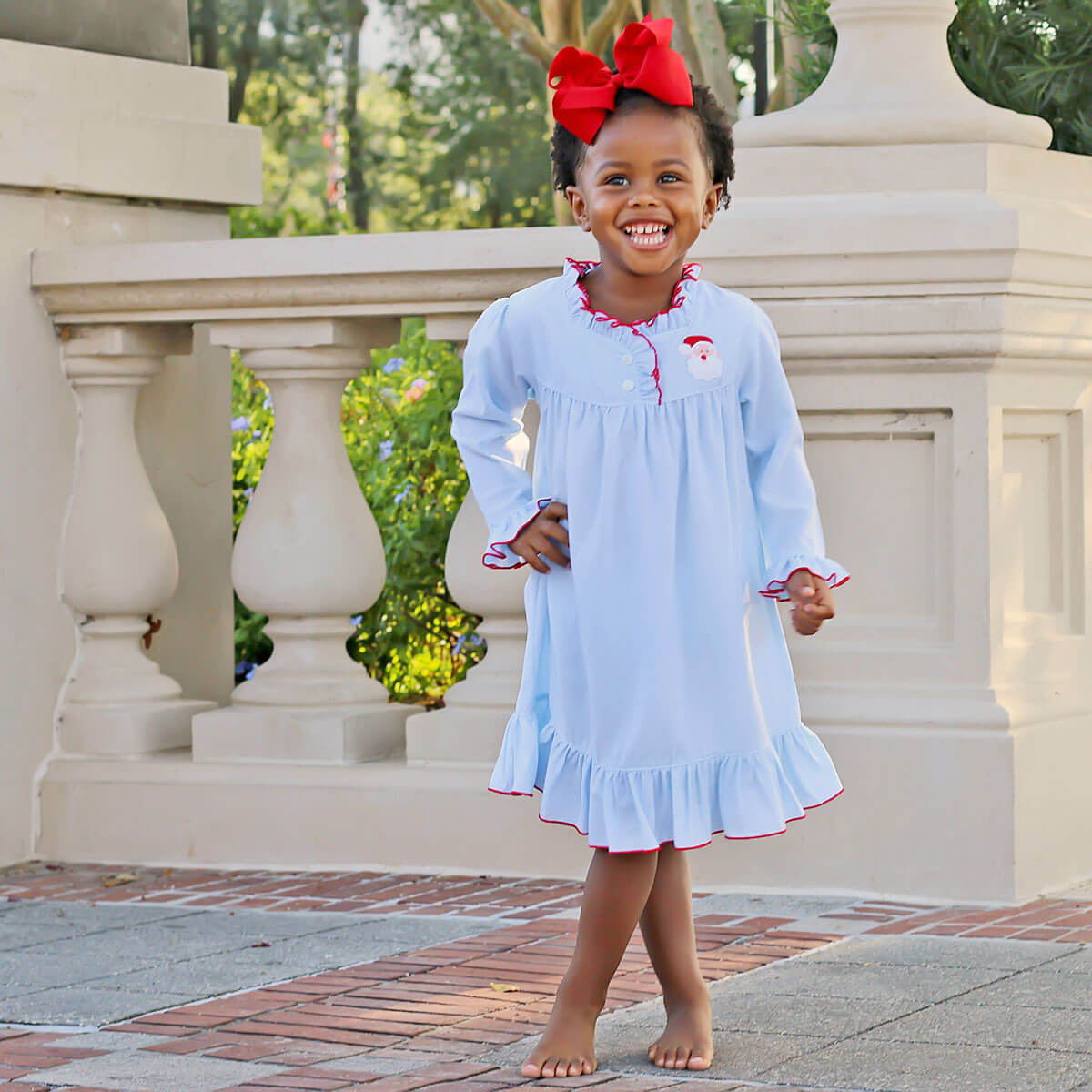 Santa Embroidered Long Sleeve Blue Nightgown