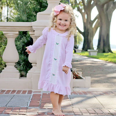Embroidered Holly and Bow Pink Nightgown