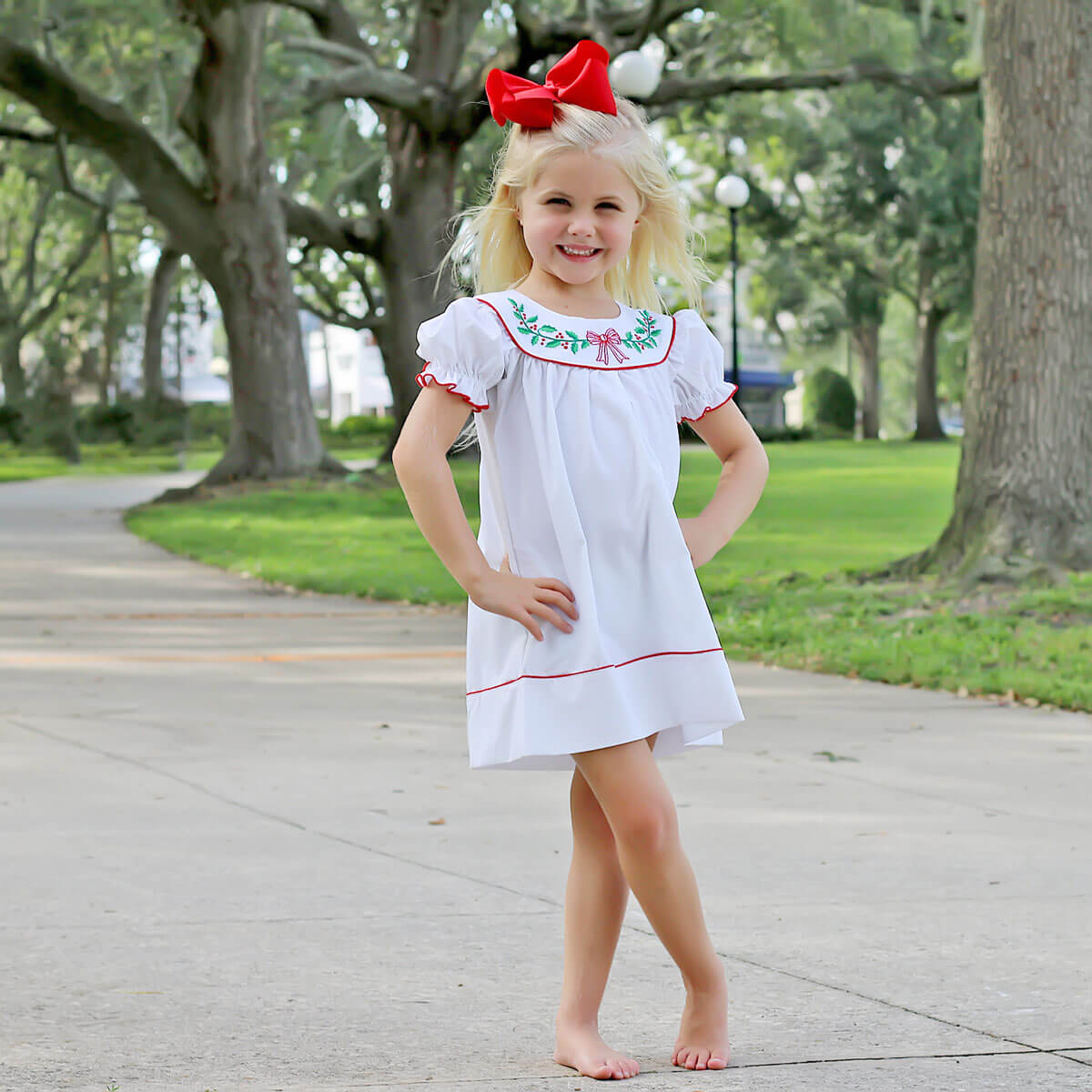 Embroidered Christmas Holly Bow Dress Embroidered Christmas Holly Bow Dress