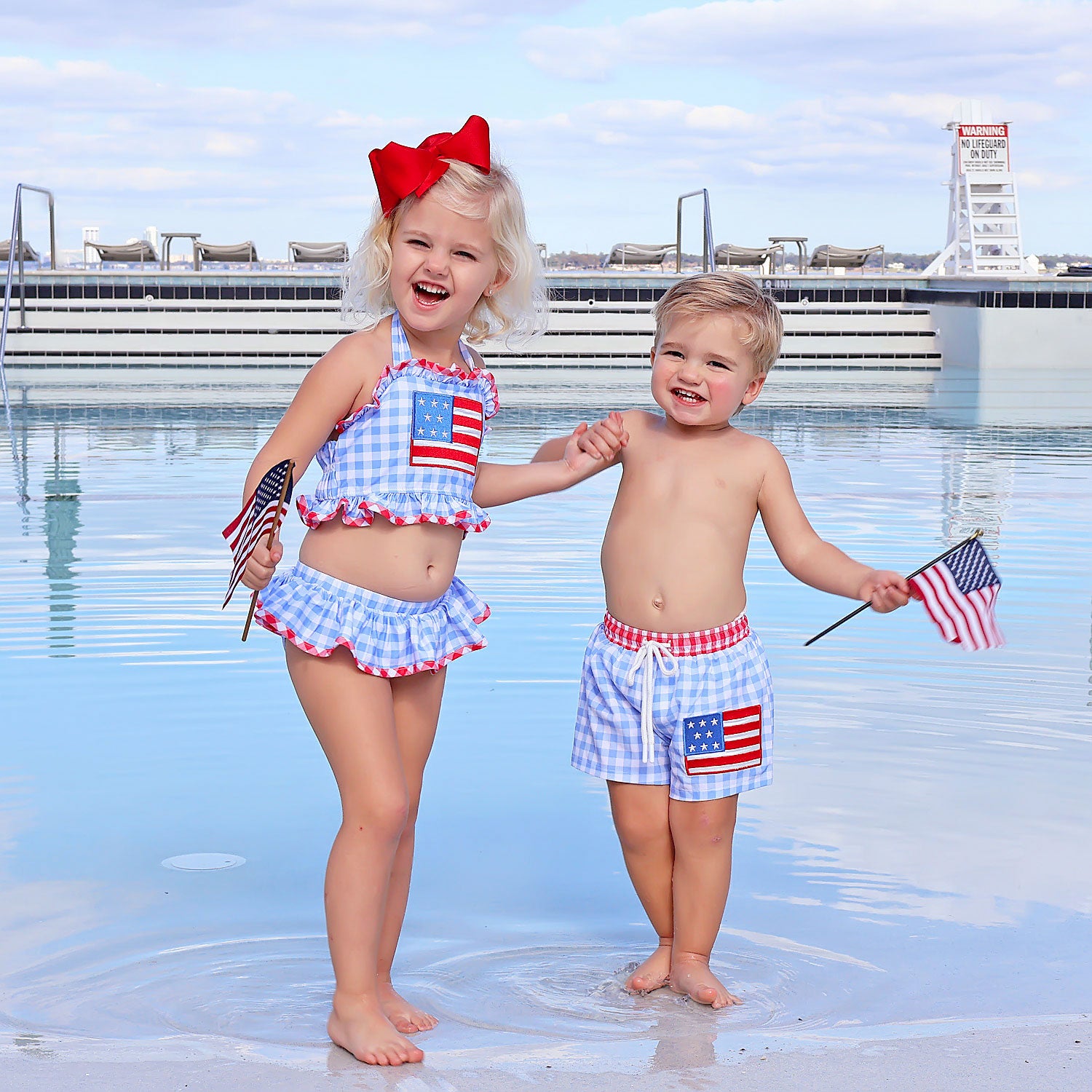 American Flag Applique Blue Gingham Two Piece Swimsuit – Classic