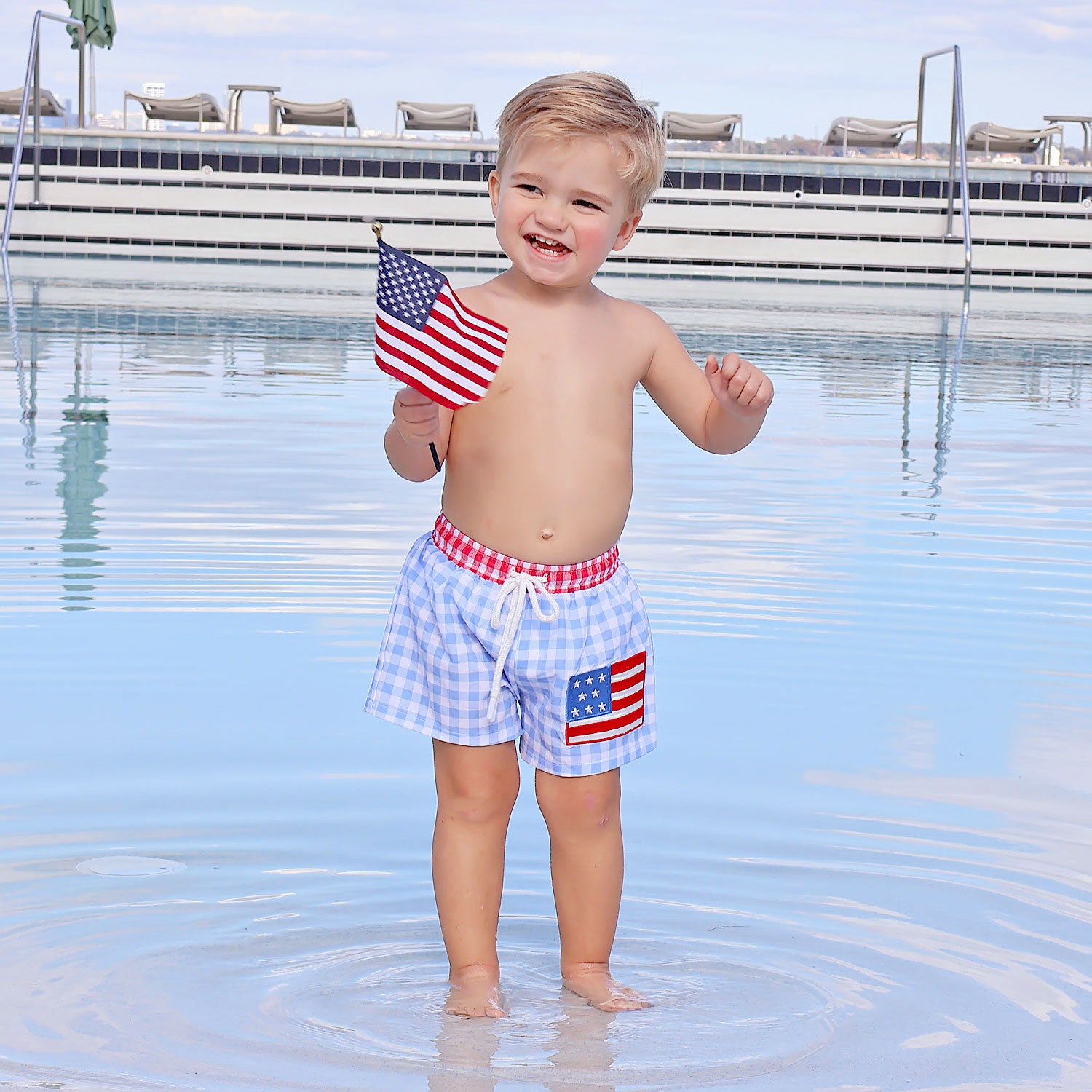 American Flag Applique Blue Gingham Swim Trunks – Classic Whimsy