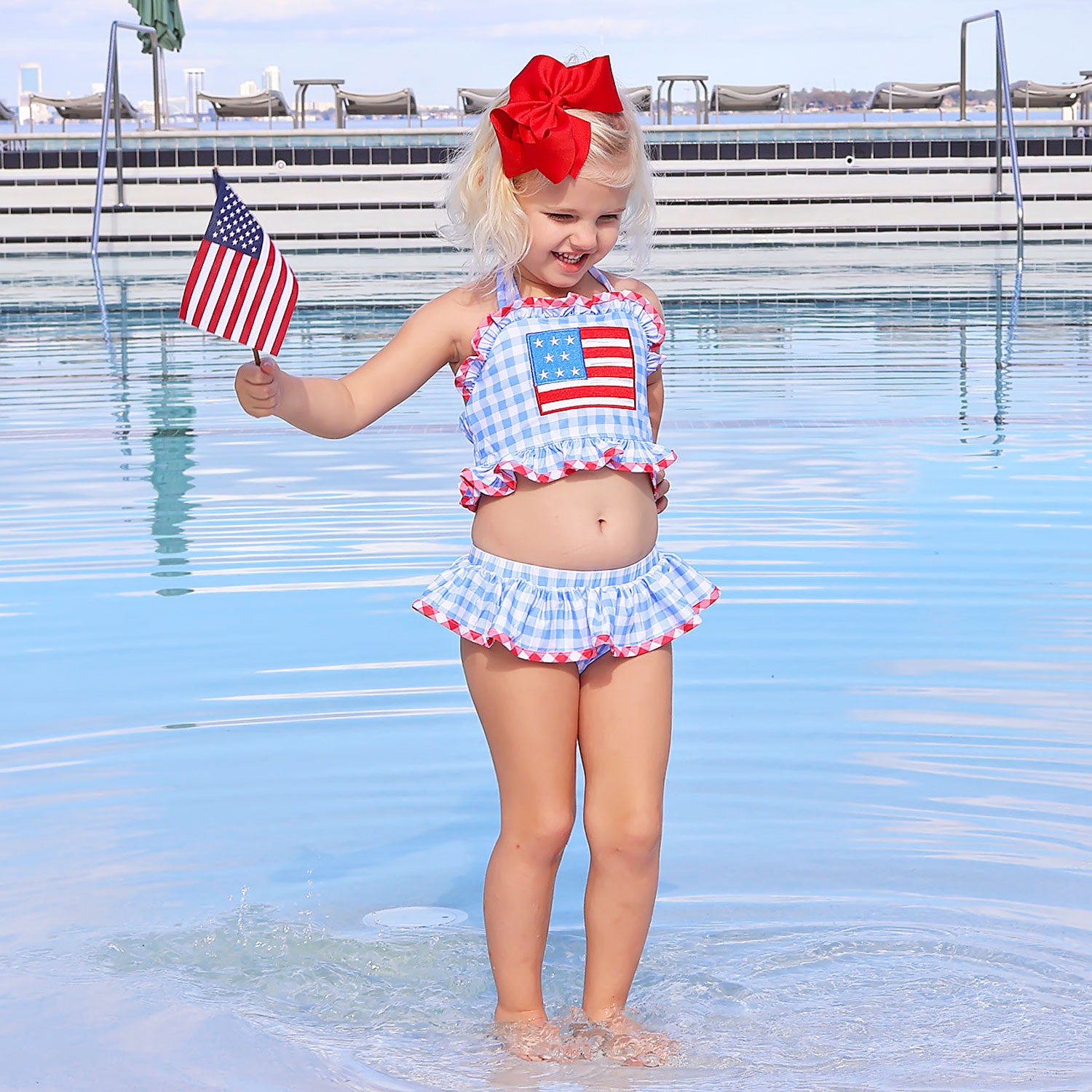 American Flag Applique Blue Gingham Two Piece Swimsuit – Classic