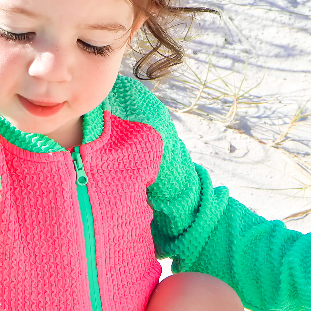 Aquamarine & Hot Pink Crinkle Rash Guard Swimsuit