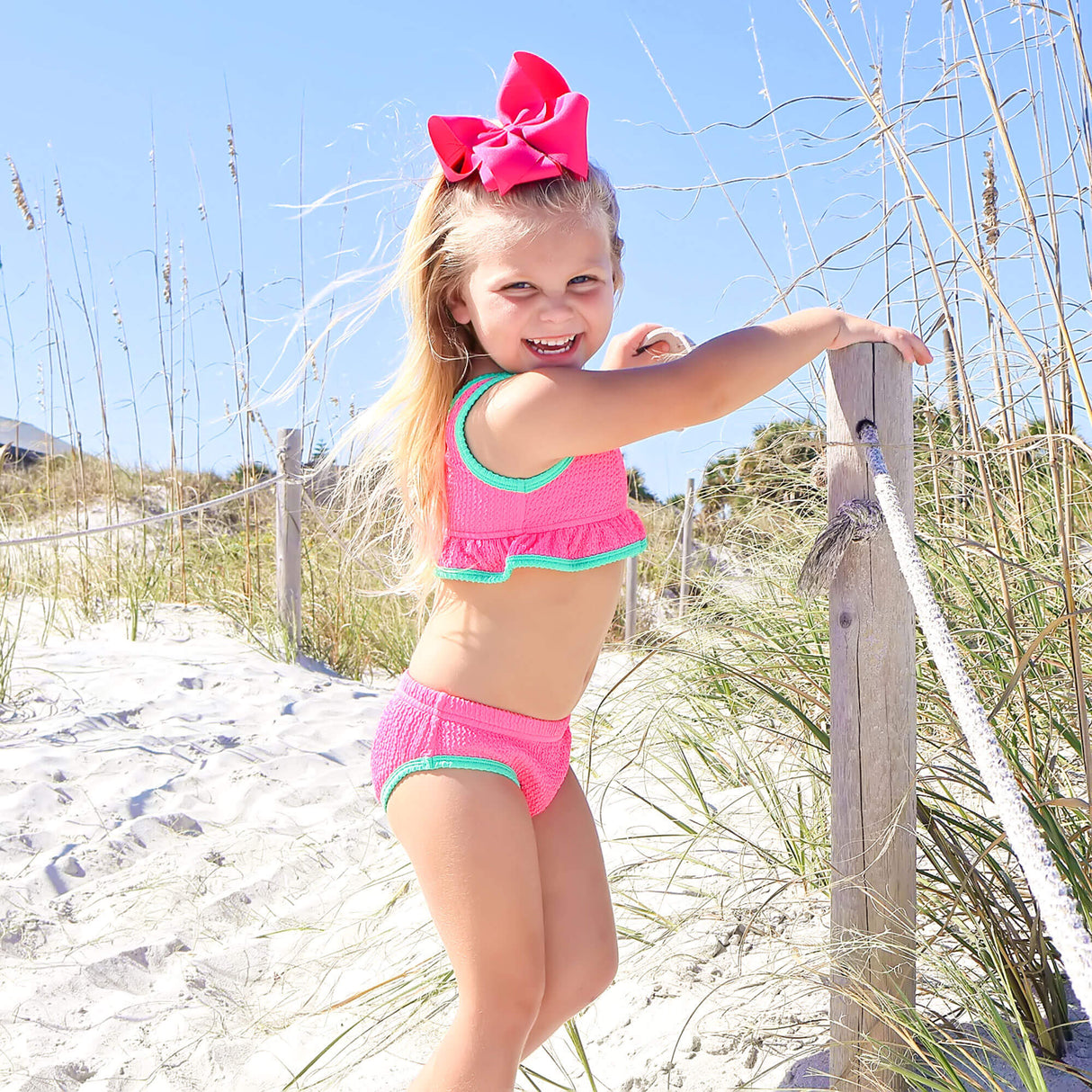 Aquamarine & Hot Pink Crinkle Two Piece Swimsuit