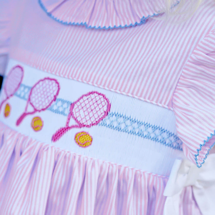 Tennis Racquet Pink Stripe Smocked Beverly Dress