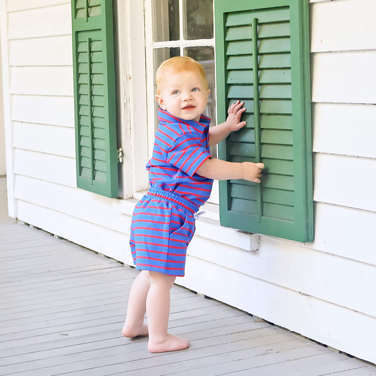 Blue And Red Stripe Terry Polo Short Set