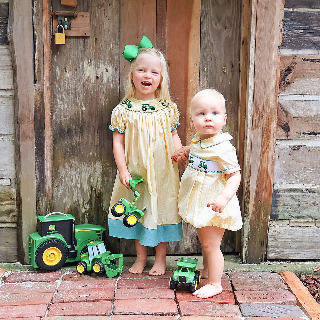 Tractor Smocked Yellow Gingham Bishop Dress