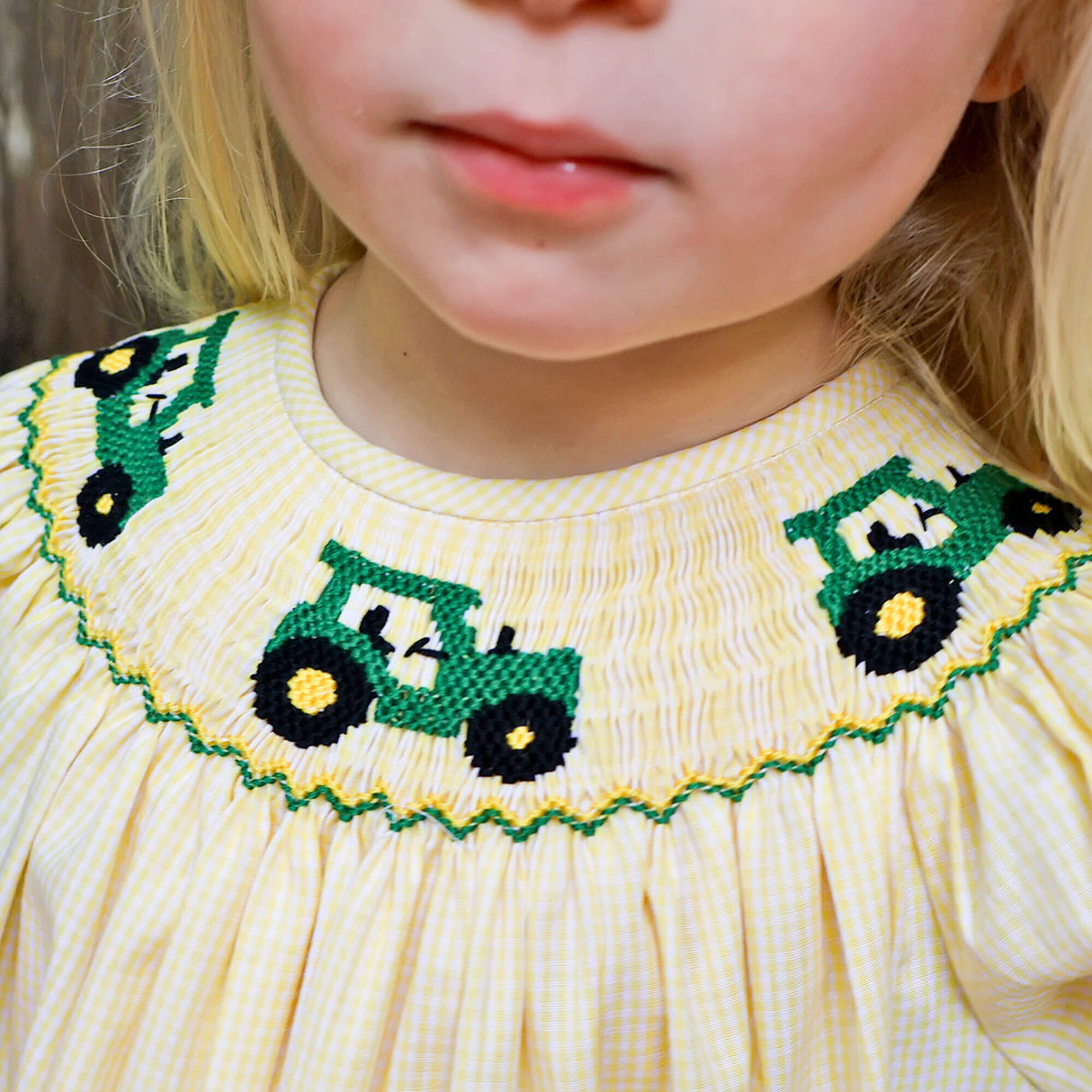 Tractor Smocked Yellow Gingham Bishop Dress
