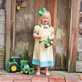 Tractor Smocked Yellow Gingham Bishop Dress