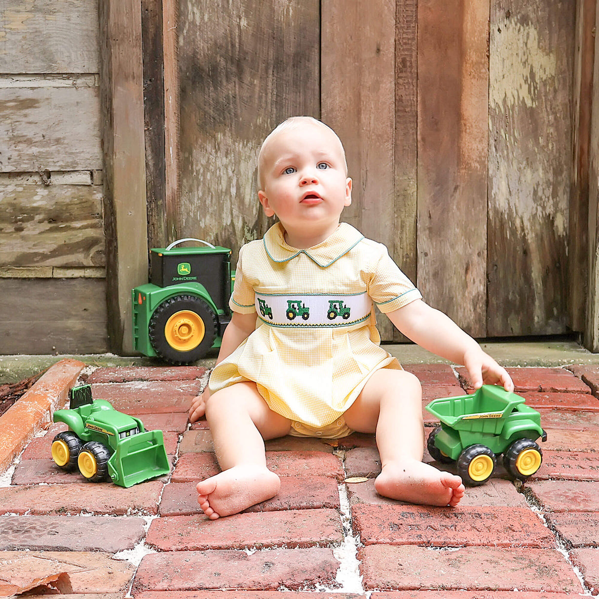 Tractor Smocked Yellow Gingham Collared Bubble