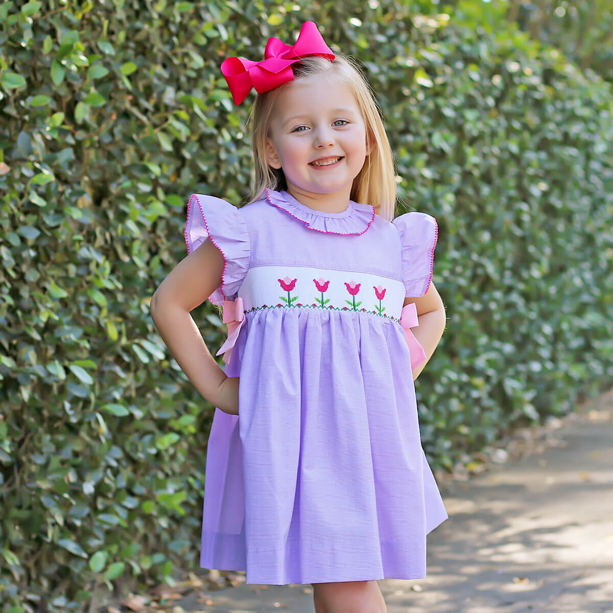 Tulips In Spring Purple Smocked Side Tie Dress – Classic Whimsy