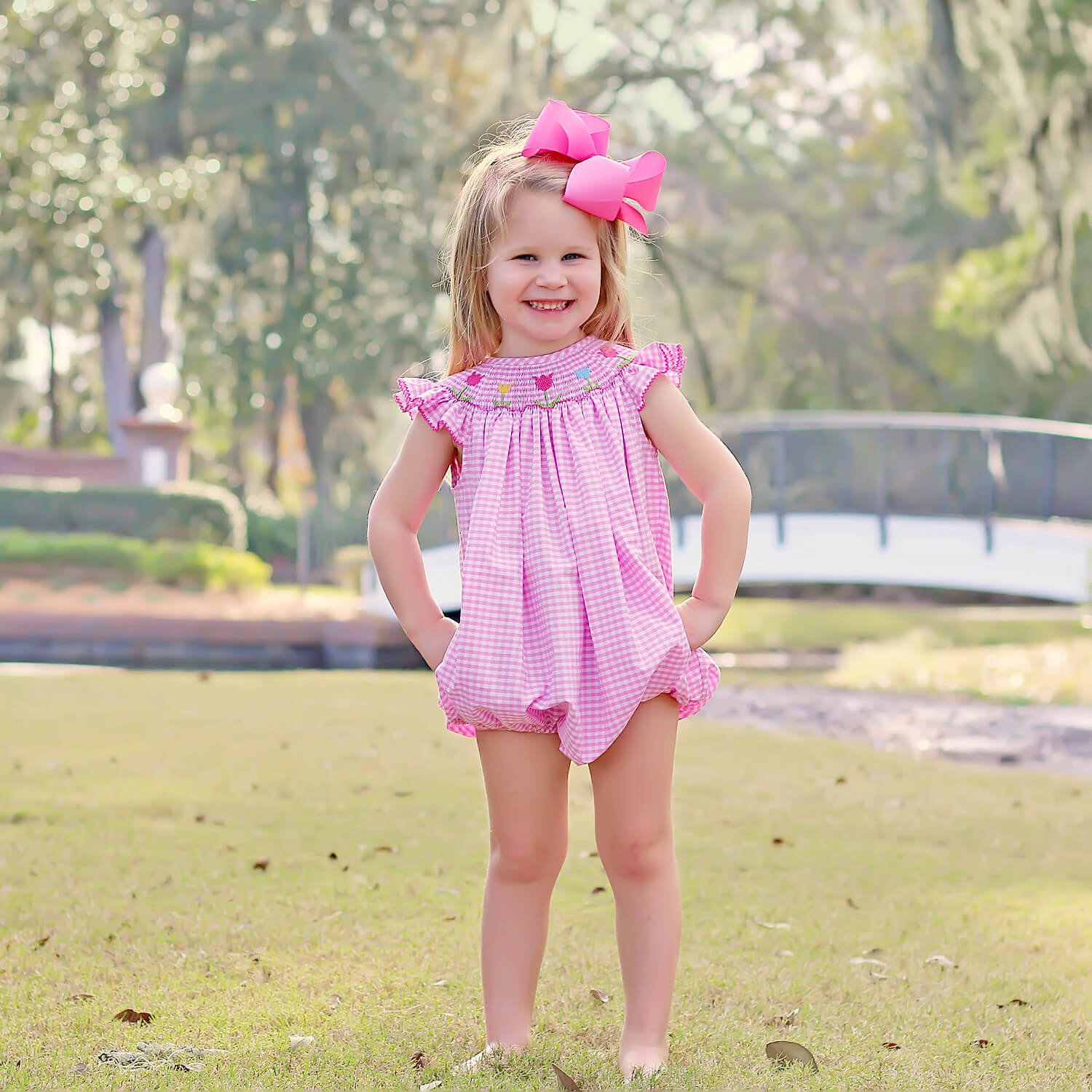 Light Pink Gingham Tulip Smocked Bubble – Classic Whimsy