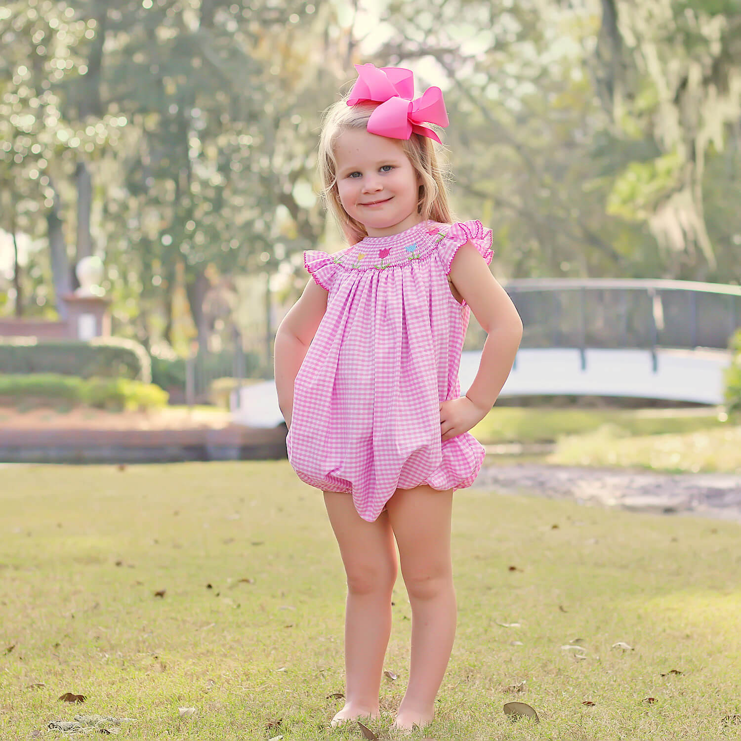 Light Pink Gingham Tulip Smocked Bubble – Classic Whimsy