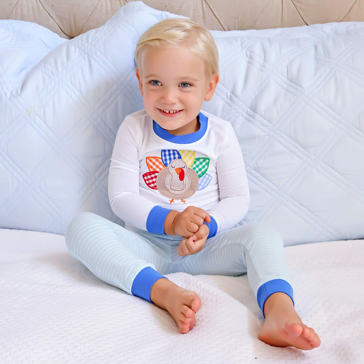 Turkey Applique Light Blue Stripe Pajamas