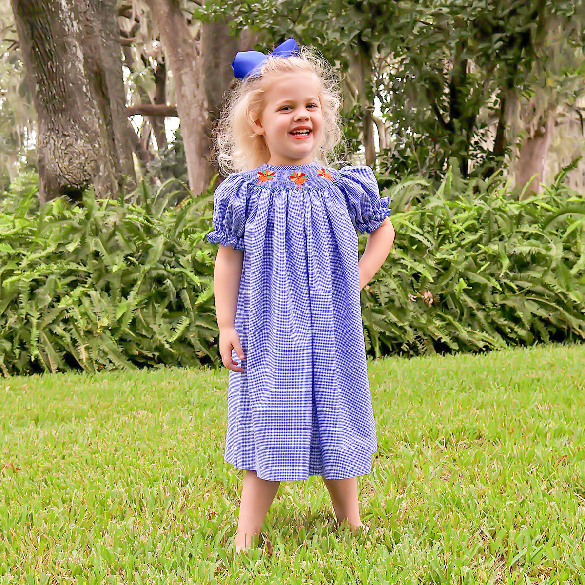 Turkey Smocked Royal Blue Gingham Bishop Dress Turkey Smocked Royal Blue Gingham Bishop Dress