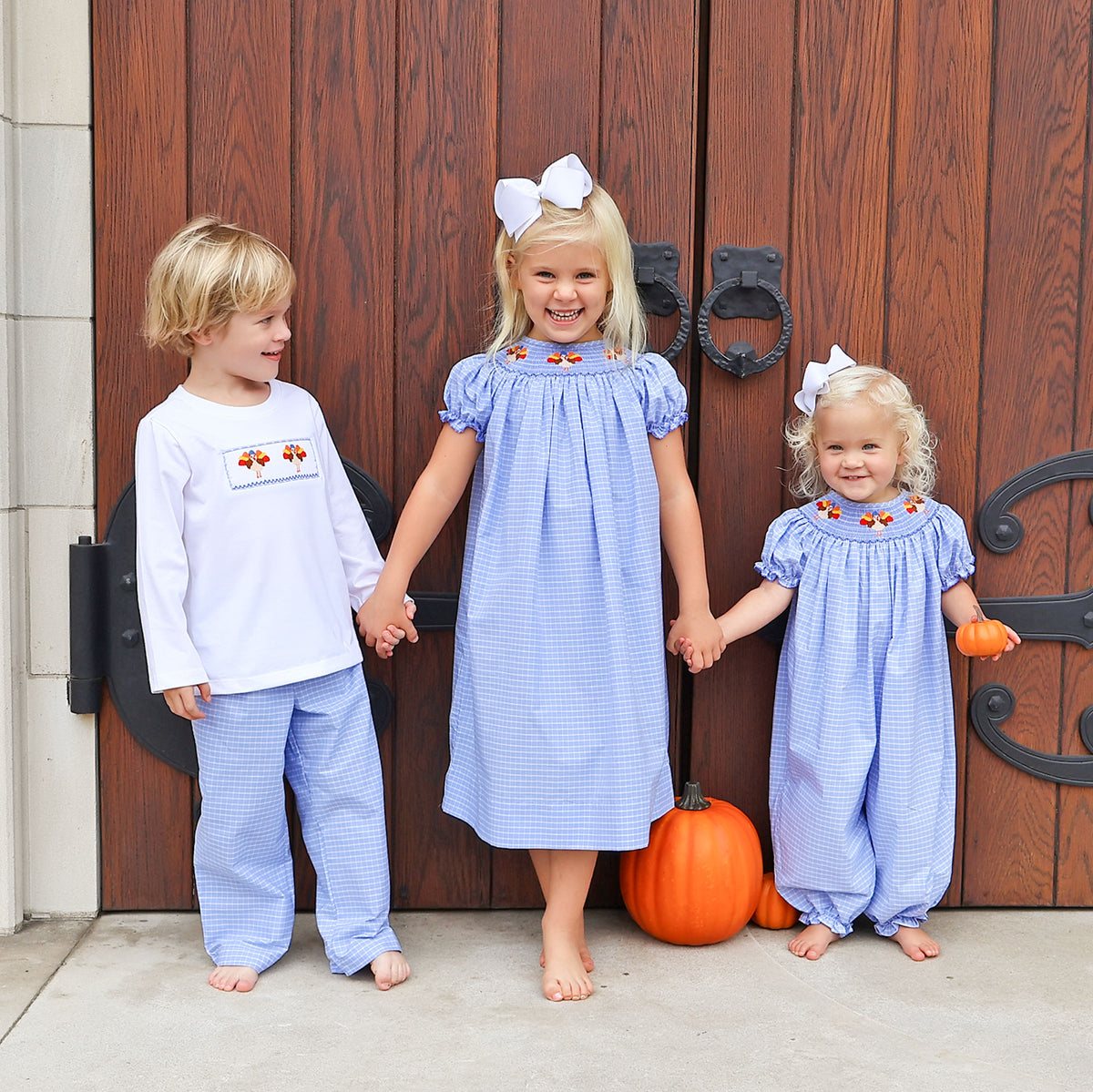 Gobblin' Along Smocked Blue Windowpane Bishop Dress