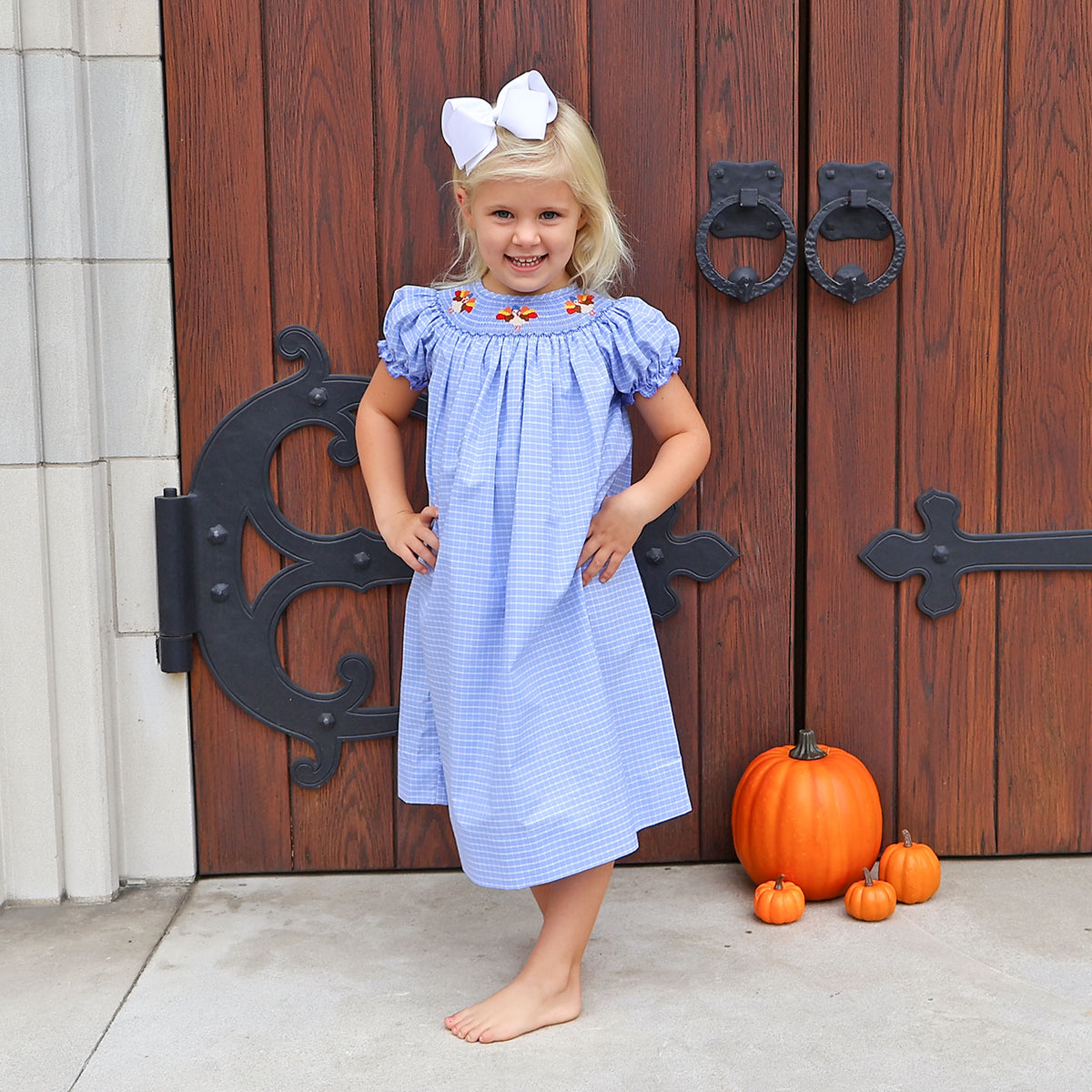Gobblin' Along Smocked Blue Windowpane Bishop Dress