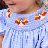 Gobblin' Along Smocked Blue Windowpane Long Bubble