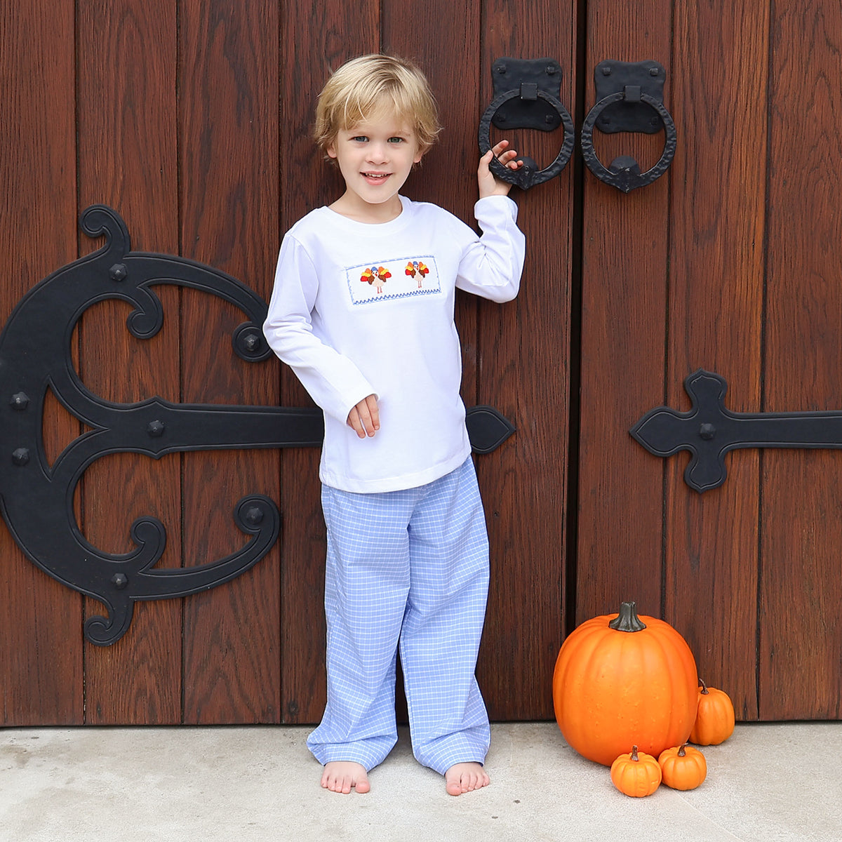 Gobblin' Along Smocked Blue Windowpane Pant Set