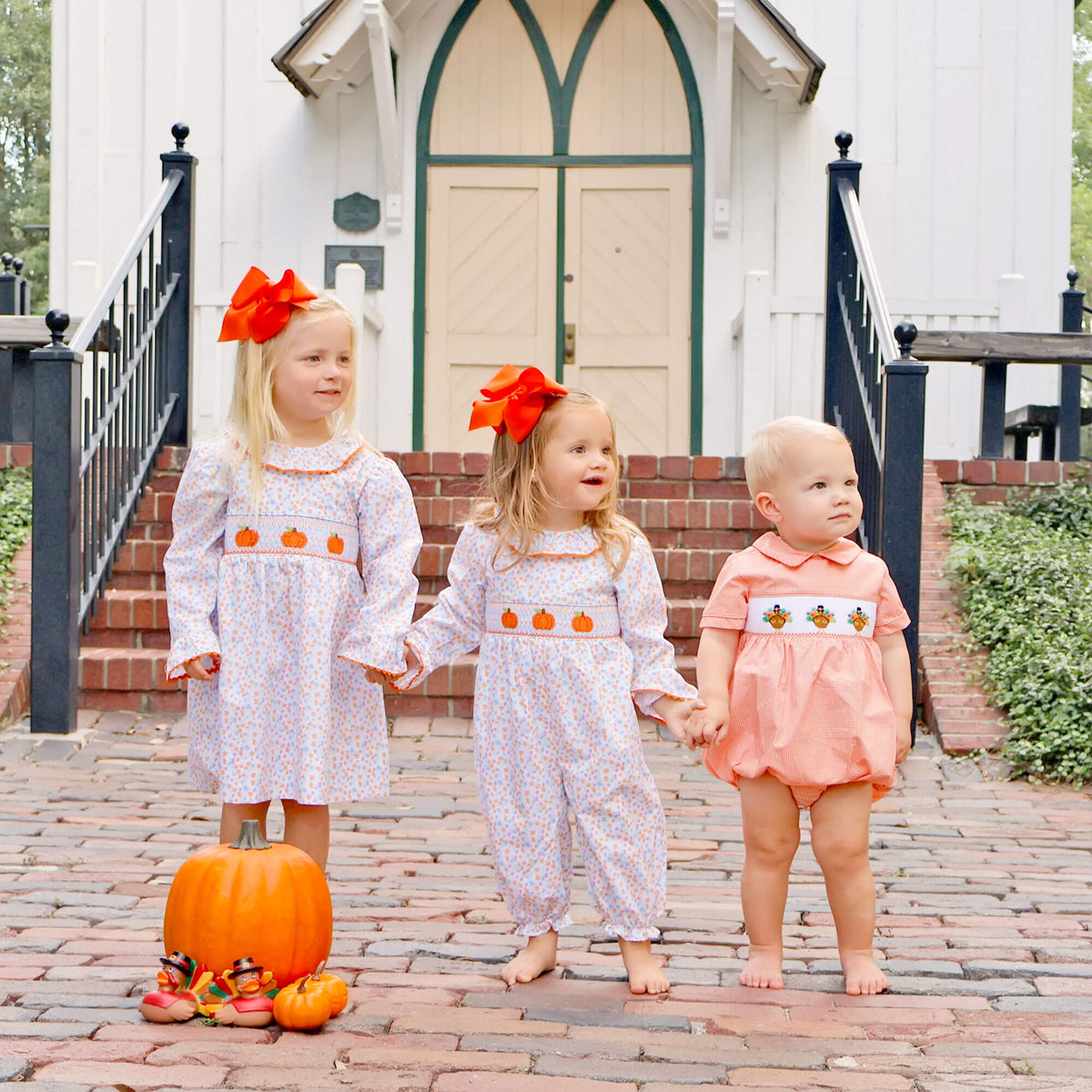 Pumpkin Smocked Blue Floral Long Bubble
