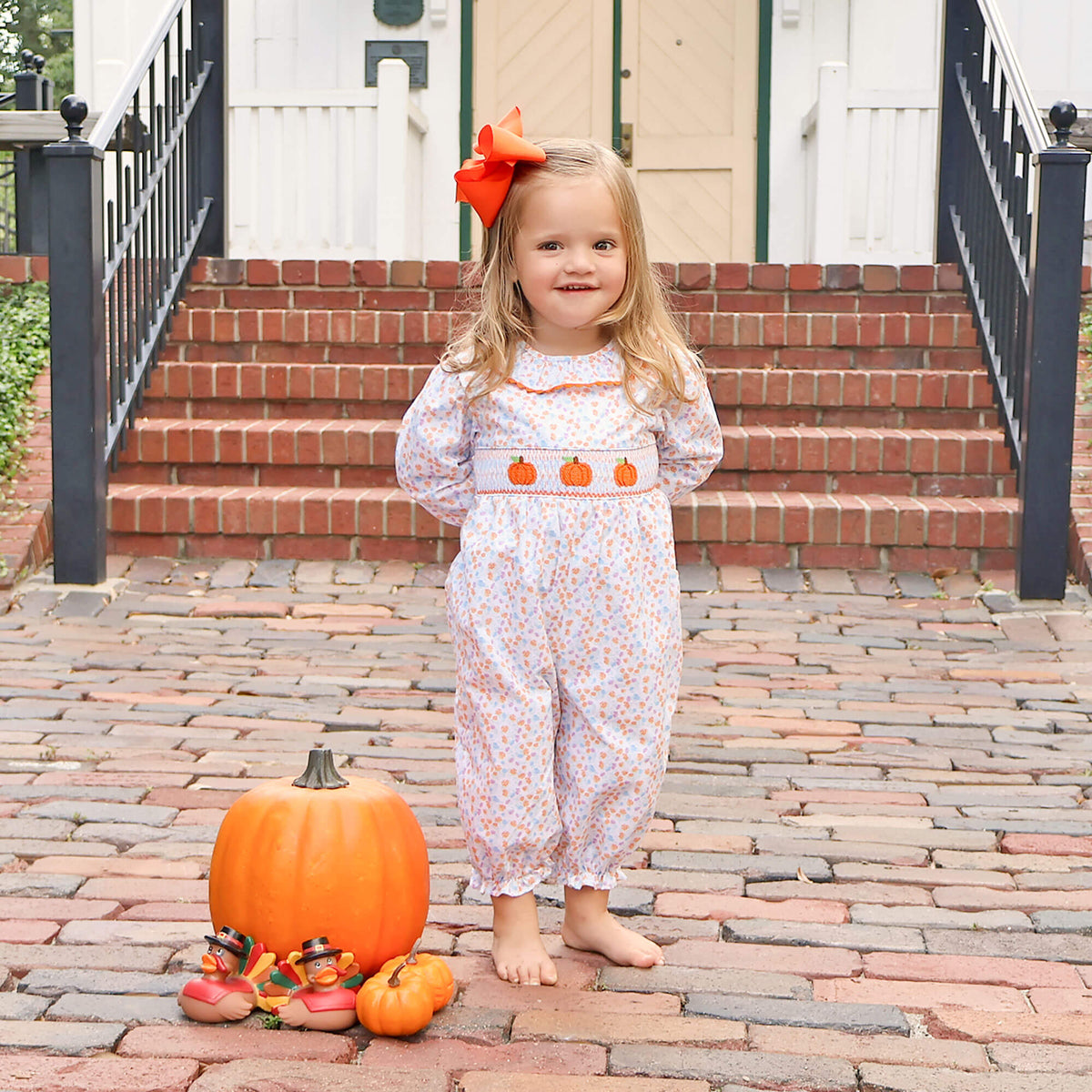Pumpkin Smocked Blue Floral Long Bubble