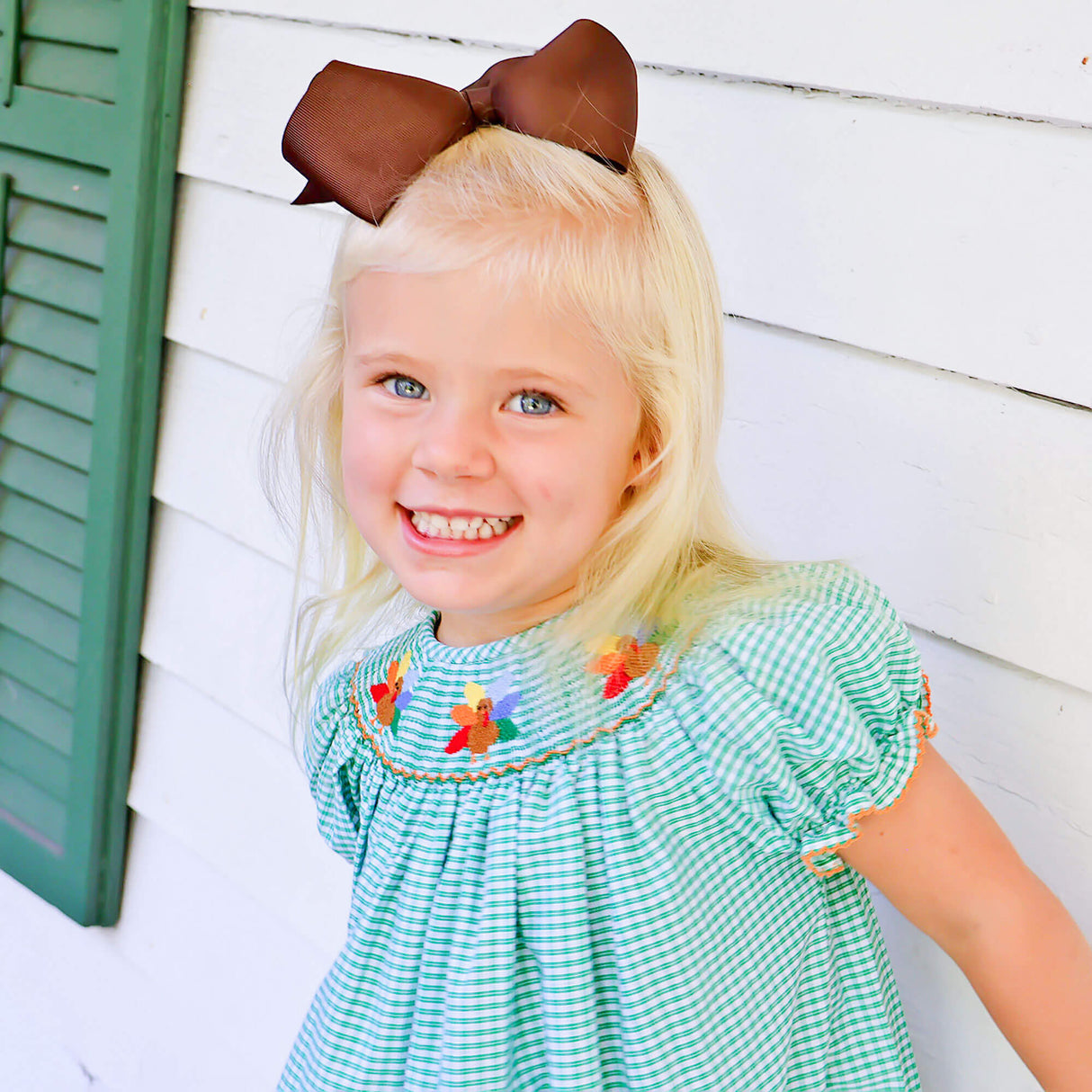 Fall Turkey Smocked Green Windowpane Bishop Dress