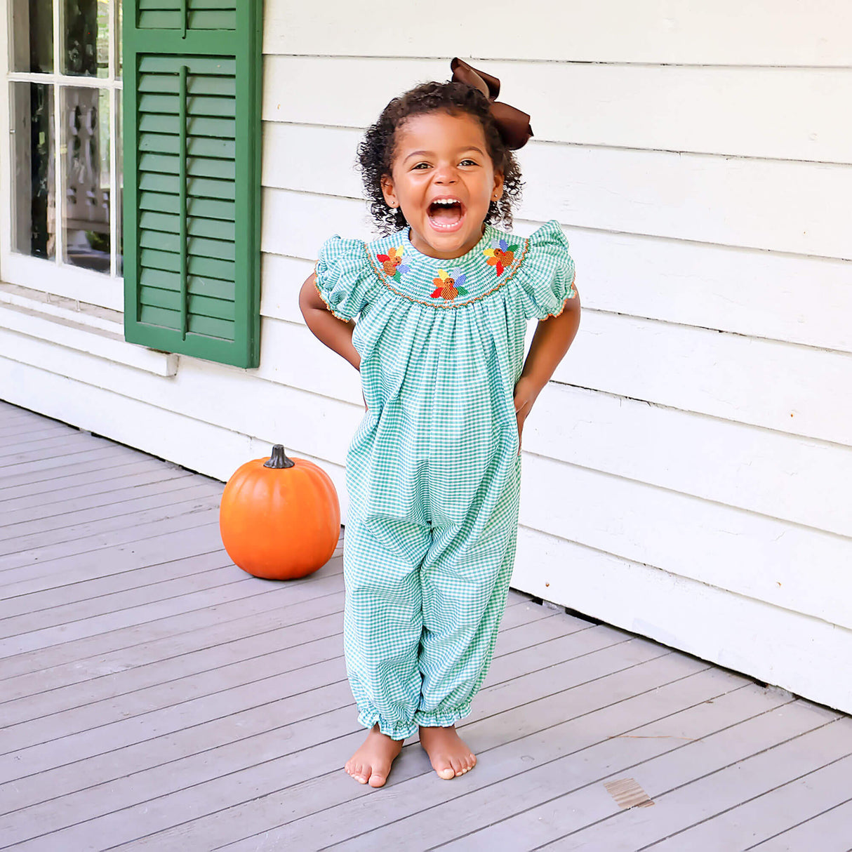 Fall Turkey Smocked Green Windowpane Long Bubble