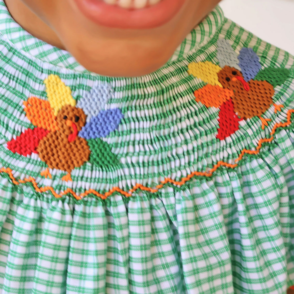 Fall Turkey Smocked Green Windowpane Long Bubble