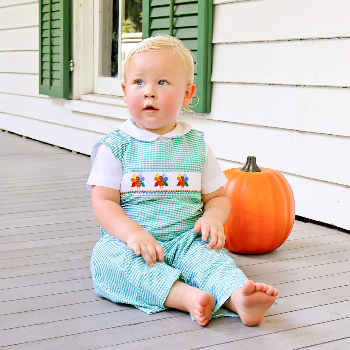 Fall Turkey Smocked Green Windowpane Longall