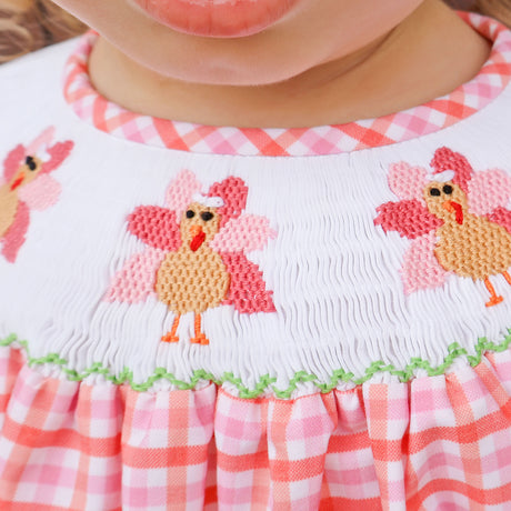Adorable Turkey Smocked Pink Gingham Bloomer Set