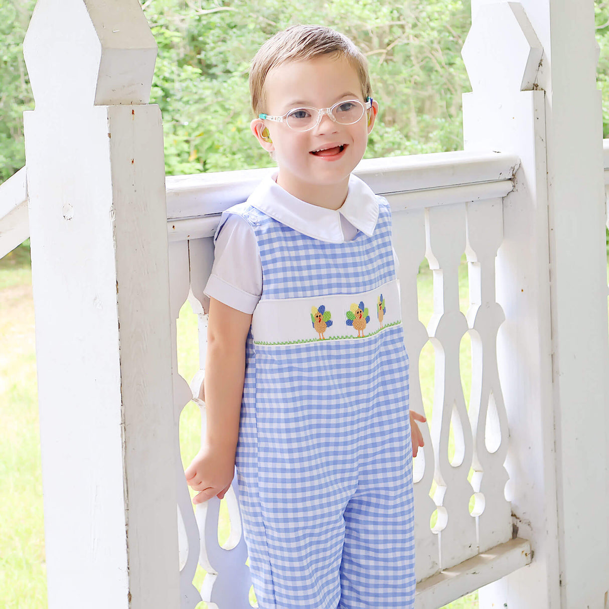 Colorful Turkey Smocked Blue Gingham Longall