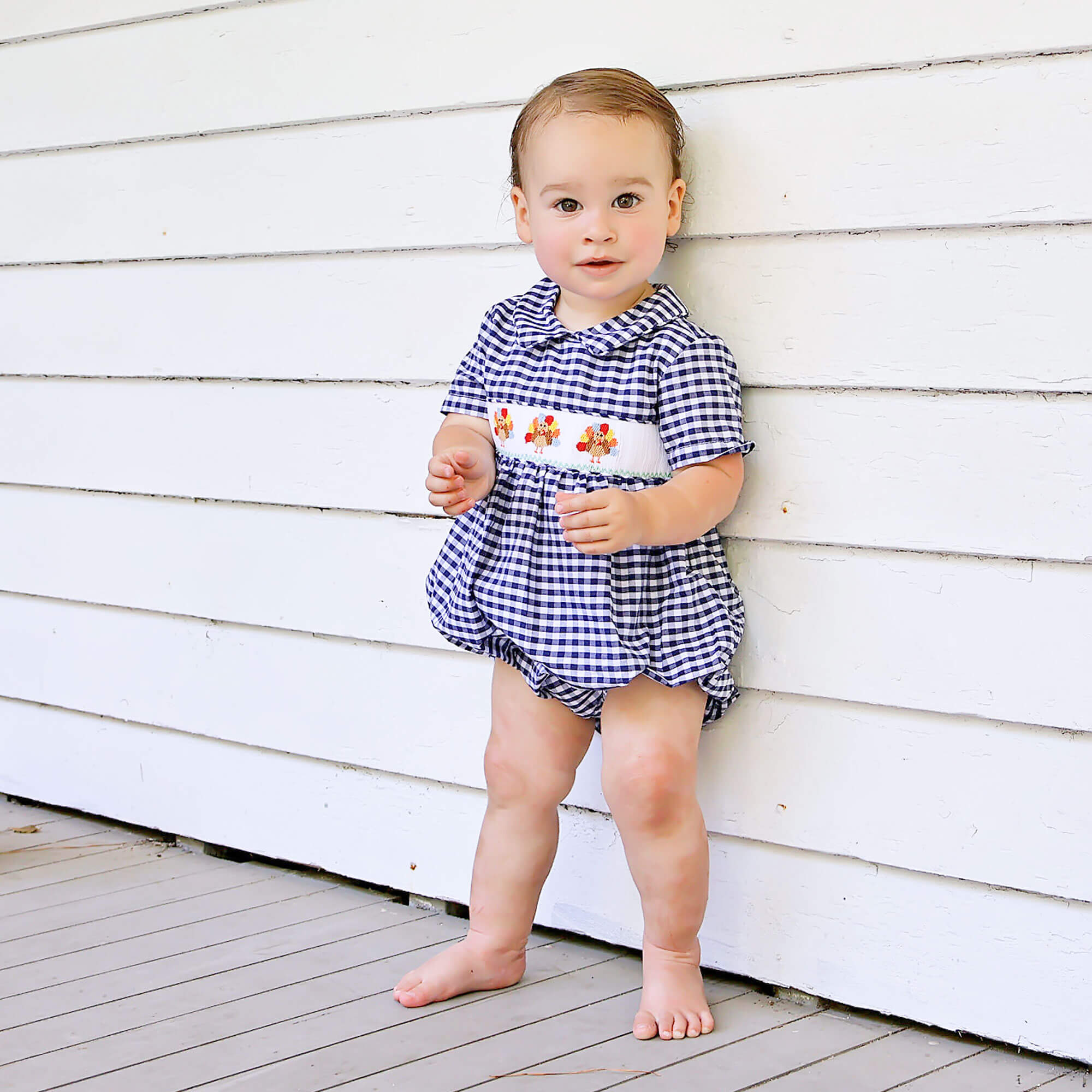 Sweet Turkey Navy Gingham Smocked Collared Bubble – Classic Whimsy