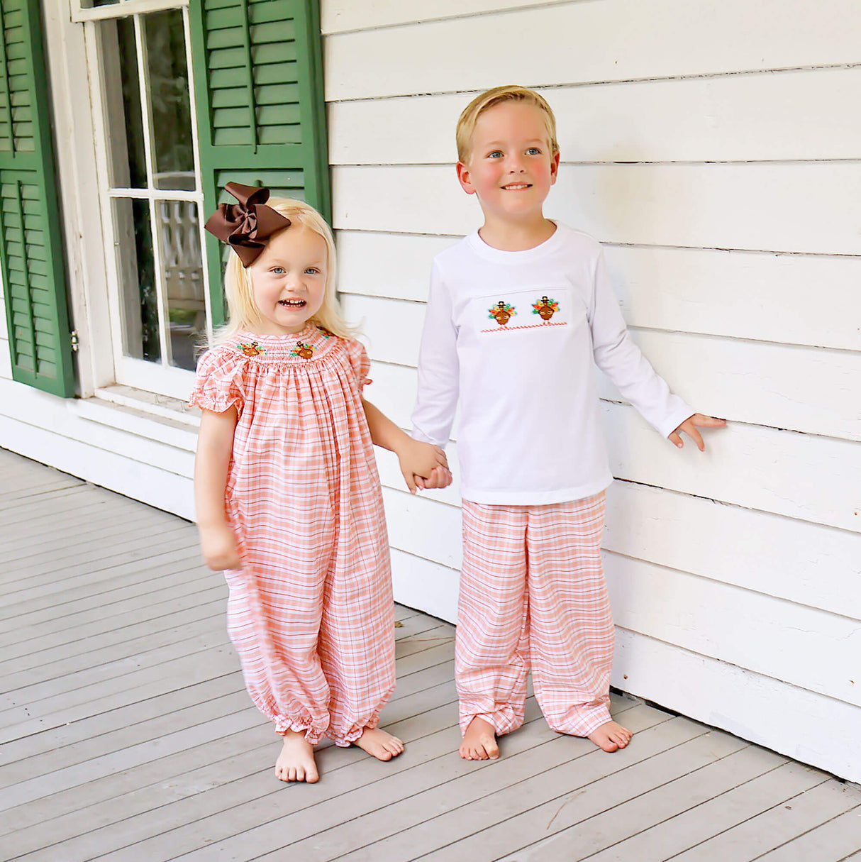 Pilgrim Turkey  Smocked Orange Plaid Pant Set