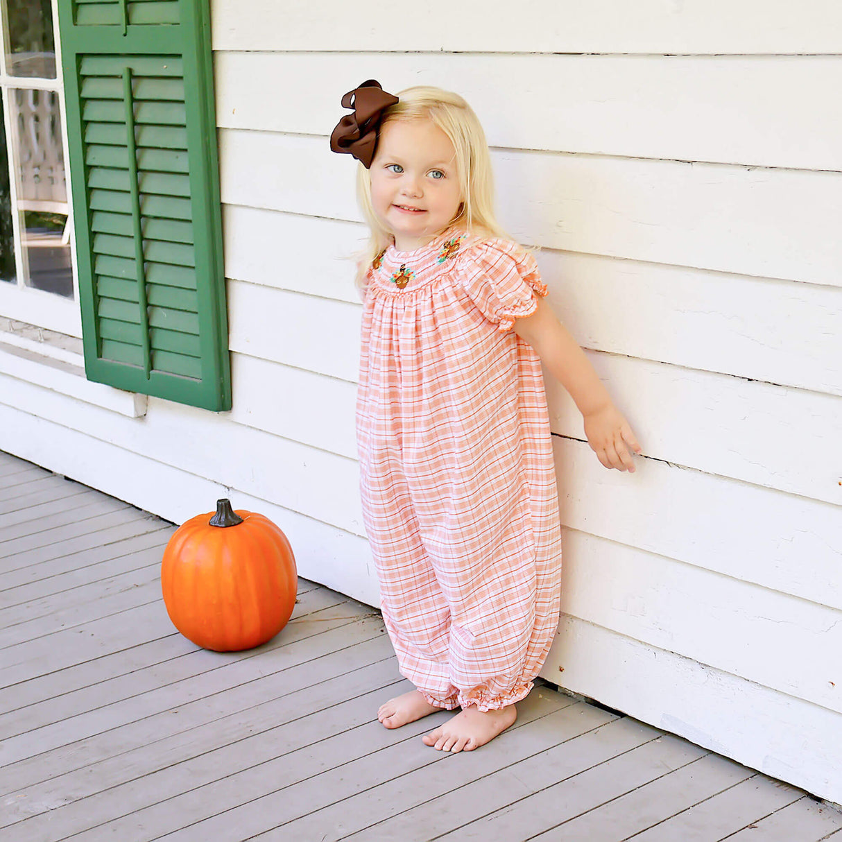 Pilgrim Turkey Smocked Orange Plaid Long Bubble