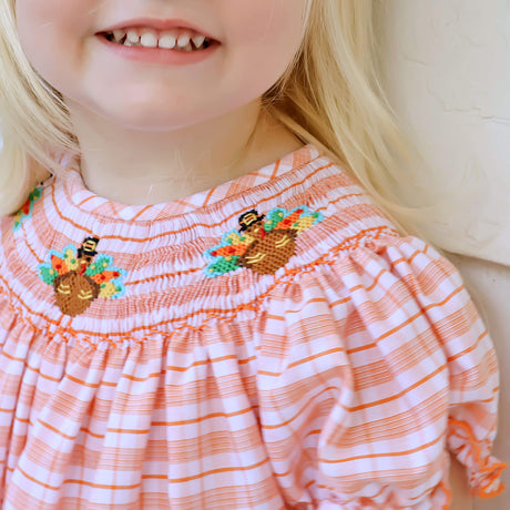 Pilgrim Turkey Smocked Orange Plaid Bishop Dress