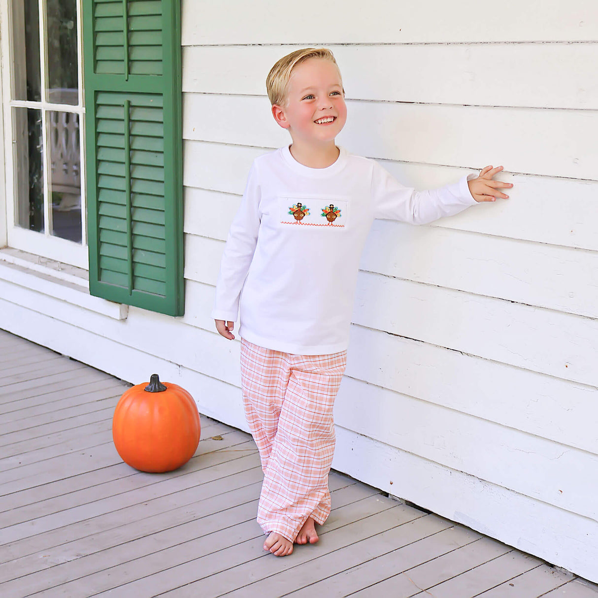Pilgrim Turkey  Smocked Orange Plaid Pant Set