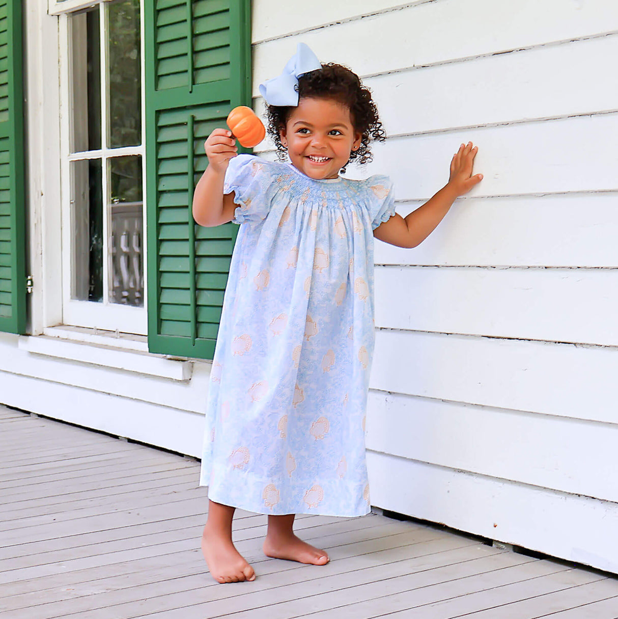 Autumn Turkey Blue Smocked Bishop Dress
